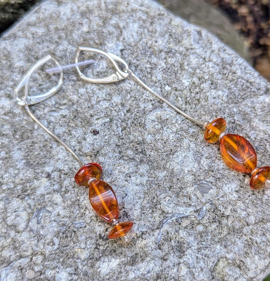 Orecchini pendenti in argento sterling 925 ambra baltica naturale gocce... - Immagine 3 di 4