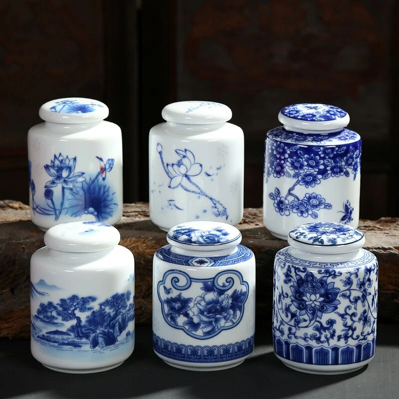 Chinese Blue Floral White Ceramic Tea Caddy Jar Sealed Canister Spice Herbs
