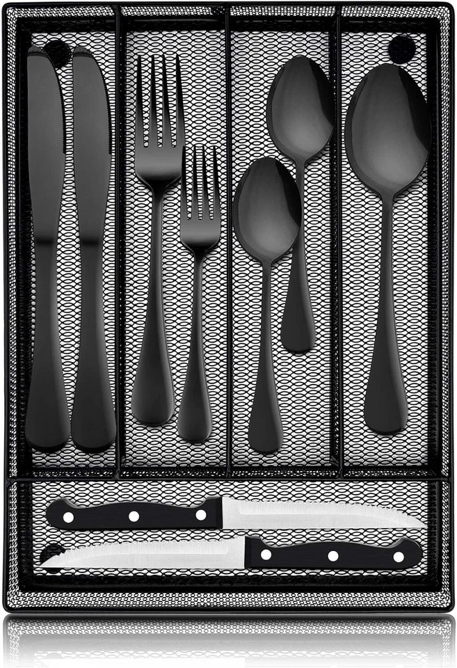 24-Piece Black Flatware Set with Stainless Steel Steak Knives & Storage Tray - Image 3 of 4