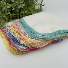 Vintage Handkerchief Set 9 Crocheted Trim Lace Edge Pastel Wedding Bridal 12"