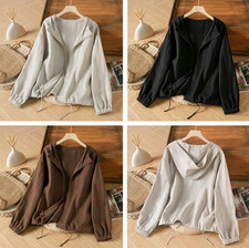 New Women Thin sun protection jacket Cotton linen Zipper Hooded Coat Casual Tops