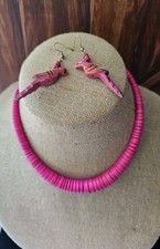 Vtg Wood Flat Pink Bead Necklace Barrell Clasp 17" Tropical W Parrott Eearings