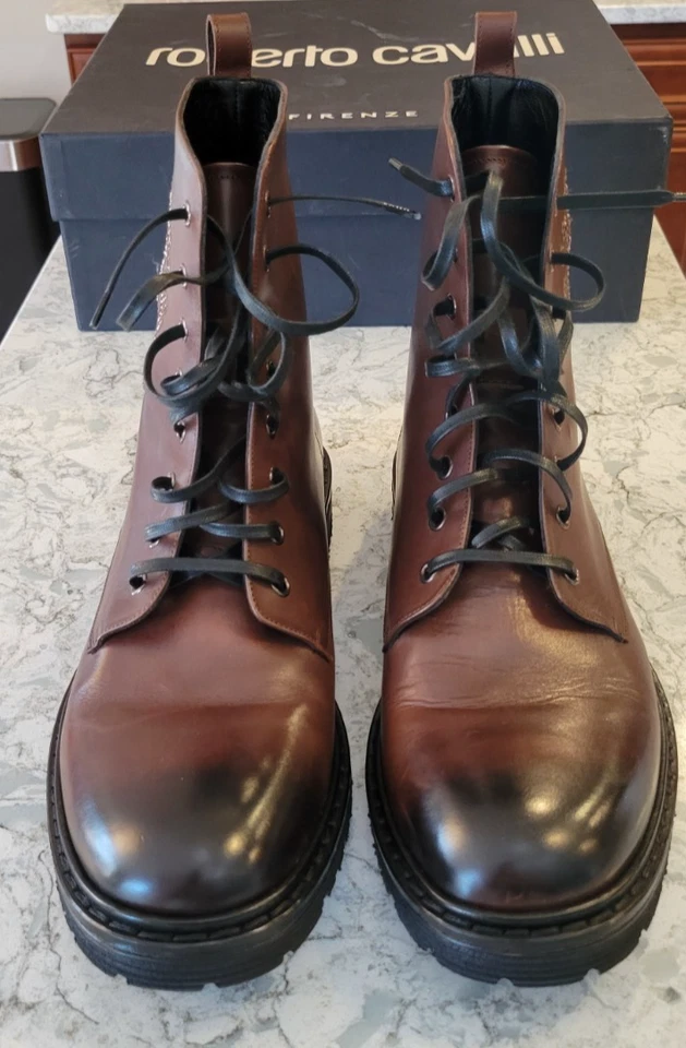 Novas Botas Masculinas Roberto Cavalli Couro Marrom com Cadarço Combate Itália Tamanho 44.5 - Imagem 4 de 4