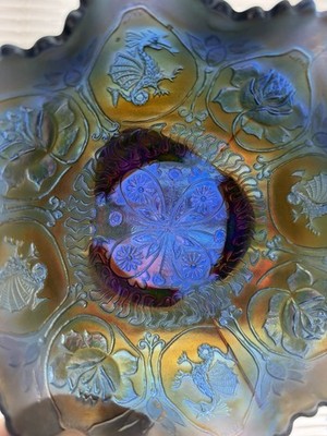 Vintage Fenton Dragon & Lotus Carnival Glasschale mit Fuß irisierend blau 19 cm