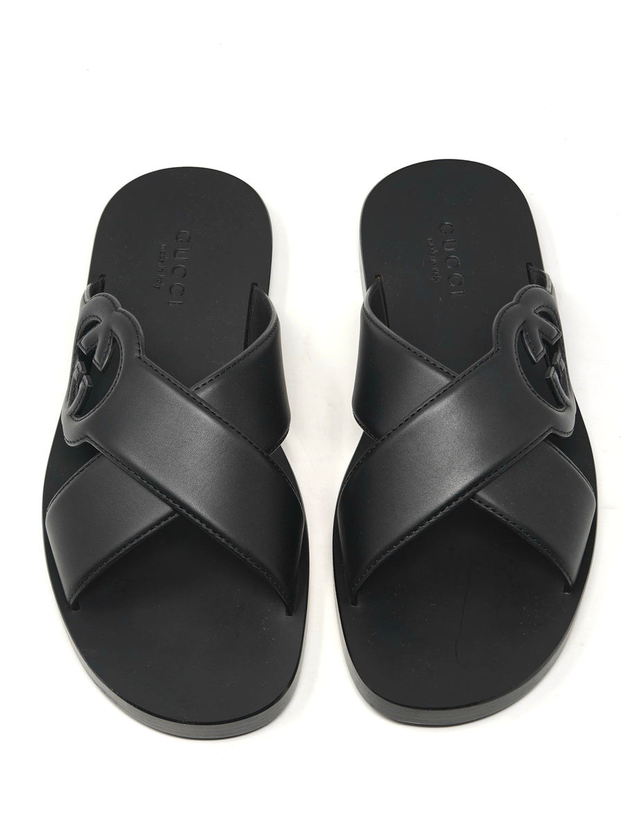 GUCCI＊BLACK LEATHER SANDALS/26㎝ Gucci Black Leather Sandals Cross Slides GG Men's Arab UK 7 US 8