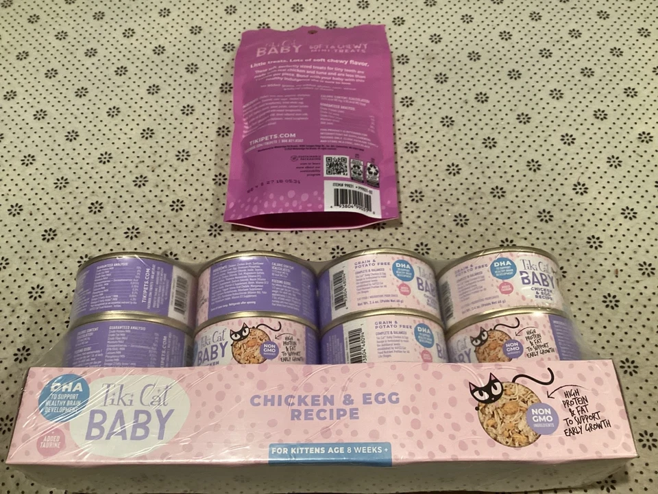 Tiki Cat Baby Wet Kitten Food Chicken & Egg 8 Cans 2.4 oz ea & Soft Treats 2 oz - Image 2 of 3