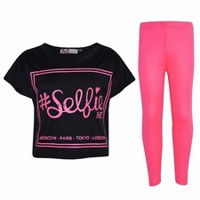 Kids Girls Selfie Print Stylish Black Crop Top Fashion Legging Sets 5-13 Year