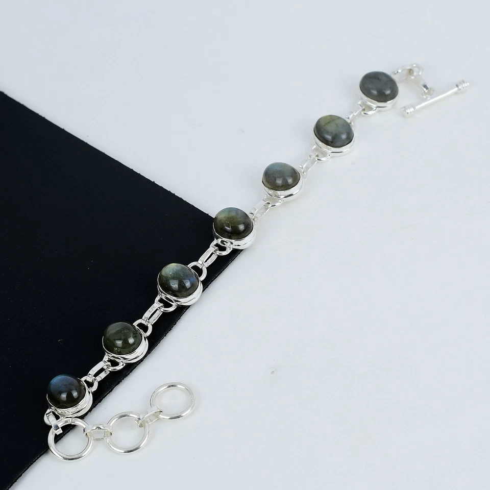 Natural Labradorite Gemstone Bracelet 925 Sterling Silver Jewelry For Love Gifts - Image 3 of 4