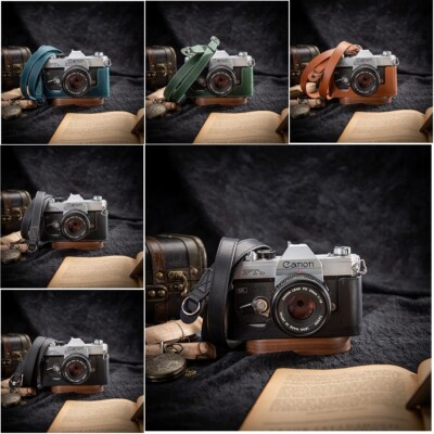 For Canon FTB Genuine Real Leather Half Camera Case Bag Cover Shoulder Strap