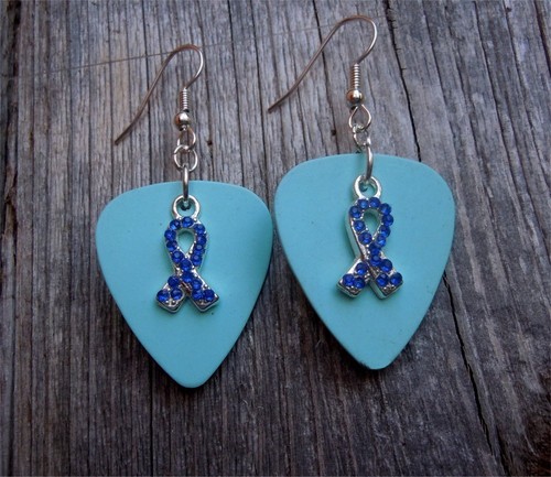 Blue Ribbon Rhinestone Charm Guitar Pick Earrings with Surgical Steel Earwires - Picture 2 of 14