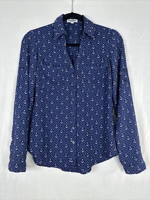 Express Portofino Shirt Womens Size XS Navy Blue Anchor Long Sleeve Roll Tab
