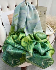 100% Silk Satin Scarf Women long neckerchief Shawl Wrap floral blue green G16-6