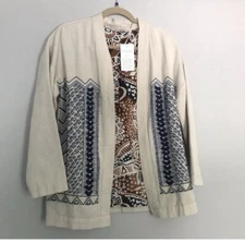 NWT Soft Surroundings Minali Jacket Size S Cream Blue Embroidered Open Front.