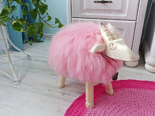 PINK Ottoman, Nursery Room Decor Sheepskin Pouf, Kid's Room Real Fur Footstool - Image 4 of 4