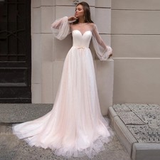 High Neck Long Sleeves Wedding Dress Pearls A Line Tulle Floor Length Bride Gown