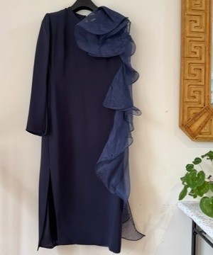 Carla Zampatti Womens Dress Gown AU 14 Navy Blue Long Sleeve Ruffle Silk Slit