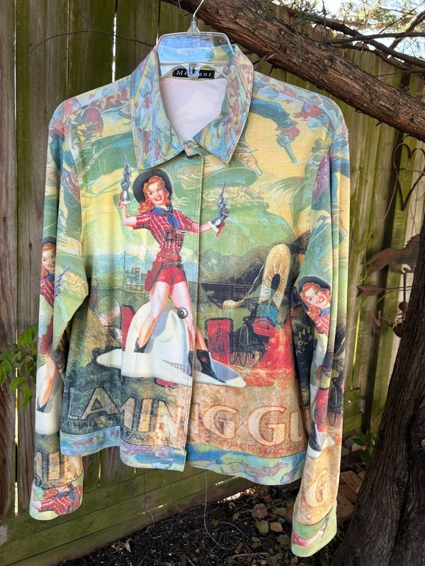 Retro Pin Up Cowgirl Western Vintage Graphic Faux Suede Boho Jacket
