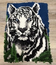 Vintage Latch Hook Rug White Tiger Wall 80s Art Hanging Tapestry Shag