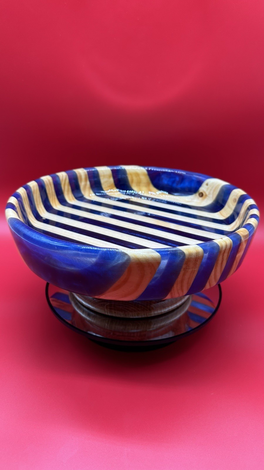 Handcrafted Blue Wood Resin Art Bowl Striped Pedestal One of a Kind Home Decor