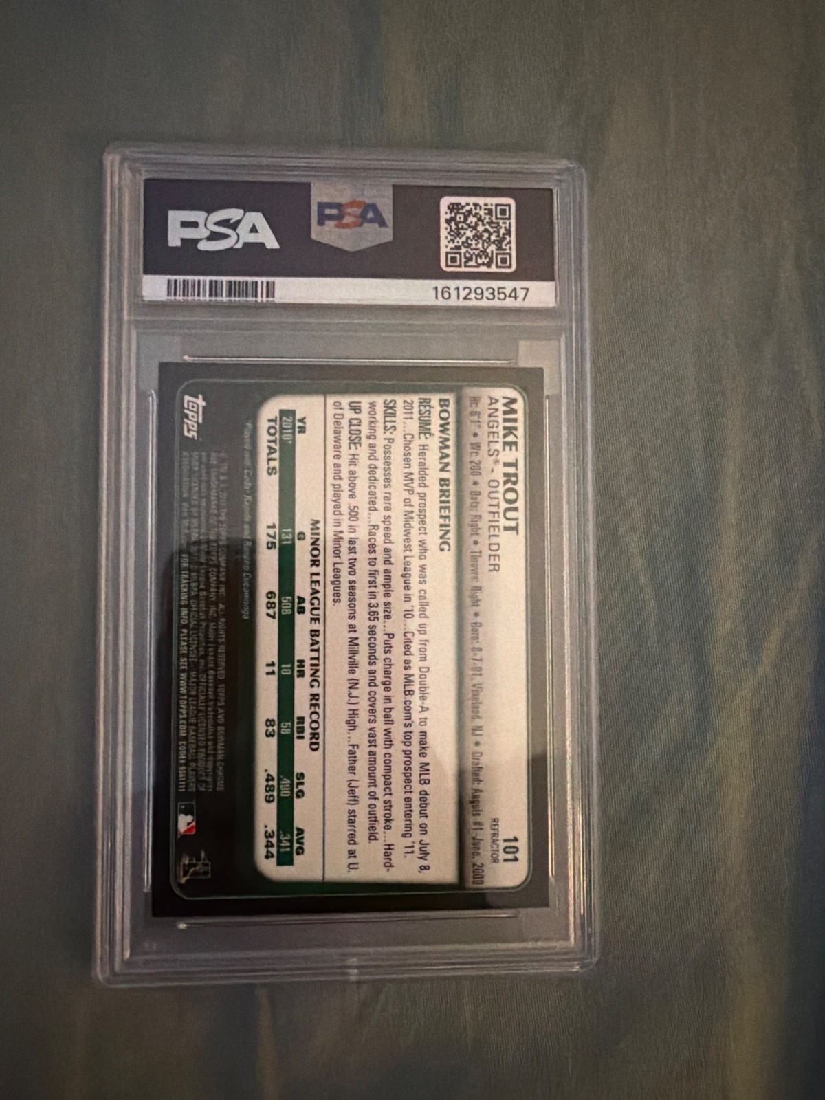 2011 BOWMAN CHROME DRAFT REFRACTOR #101 MIKE TROUT ROOKIE RC PSA 8 view 2