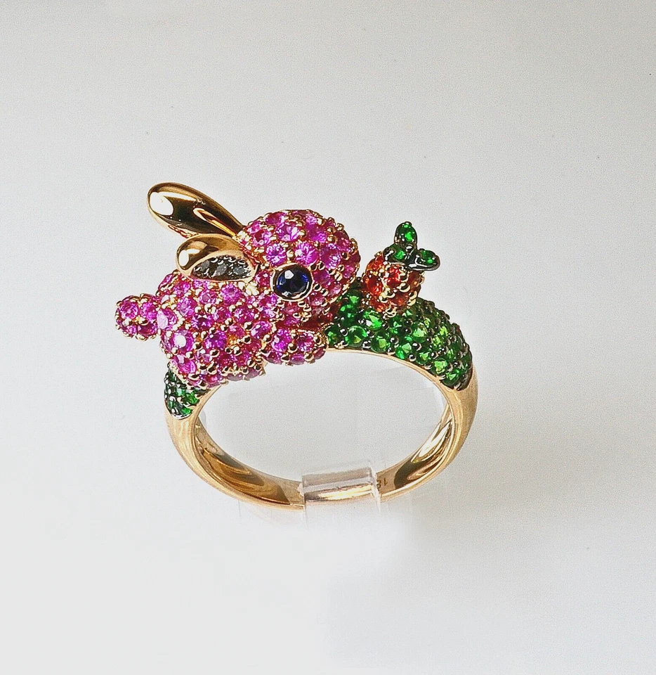 18k, RABBIT BUNNY RING, PINK, DIAMOND, RUBY, SAPPHIRE, GREEN GARNET, ROSE GOLD - Image 3 of 4