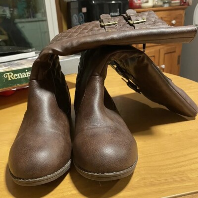 Vintage Roebuck Co Brown Side Zip Boots Buckle Faux Leather Womens 6W