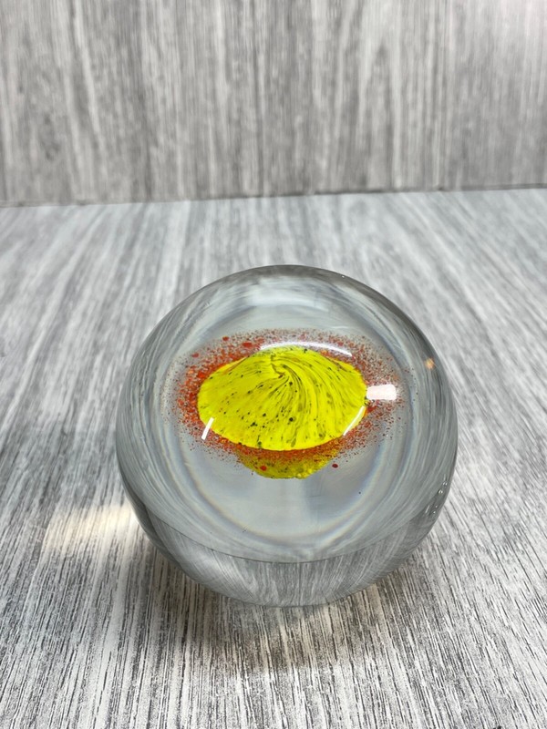 Paperweight Glass Vintage Stunning yellow red Suspended looks like a planet
