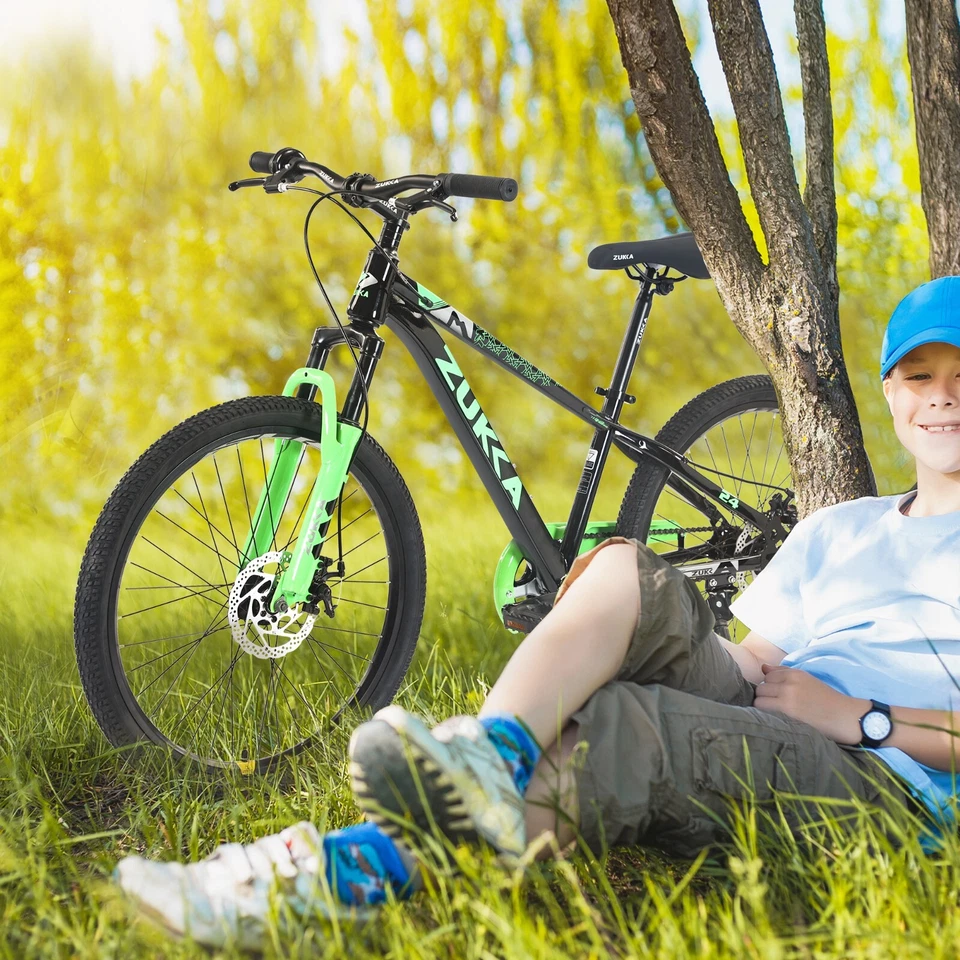 Horquilla de suspensión bicicleta de montaña para niñas y niños 24 pulgadas 1 velocidad, negro verde Foto 4 de 4