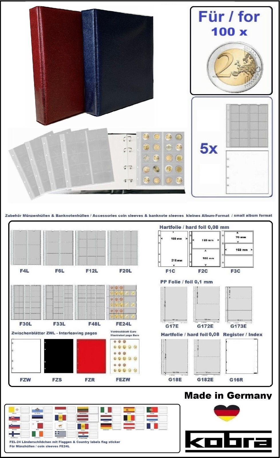 2-EURO-Münzalbum-Blau-KOBRA-FZ-SO-B-5x-Hüllen-Für-100x-2-Euro-Andorra-Zypern