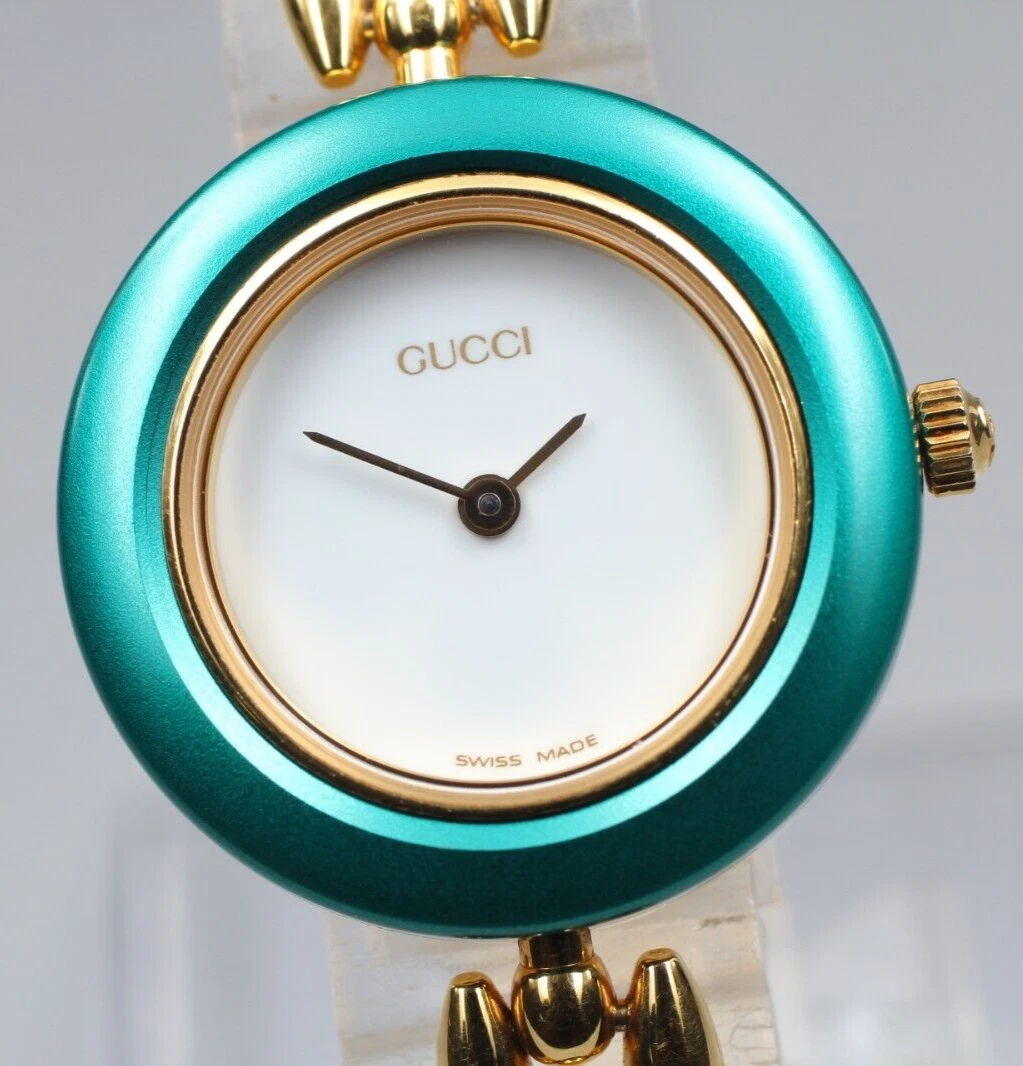 ▶Batteria Nuova [COME NUOVA] Orologio Vintage GUCCI Cambio Lunetta 11 12.2 Metallo Verde Qz T925