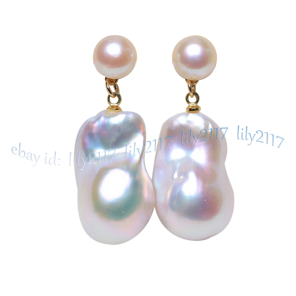 PENDIENTES COLGANTES ORO PERLA BARROCA AGUA DULCE BLANCA NATURAL REAL 15-25 MM Foto 2 de 4