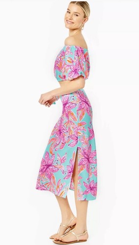 Neu mit Etikett Lilly Pulitzer Esmeray Midi 2-teiliges Set Puffärmel Surf blau Bonita Blüten Gr. L - Bild 5 von 22