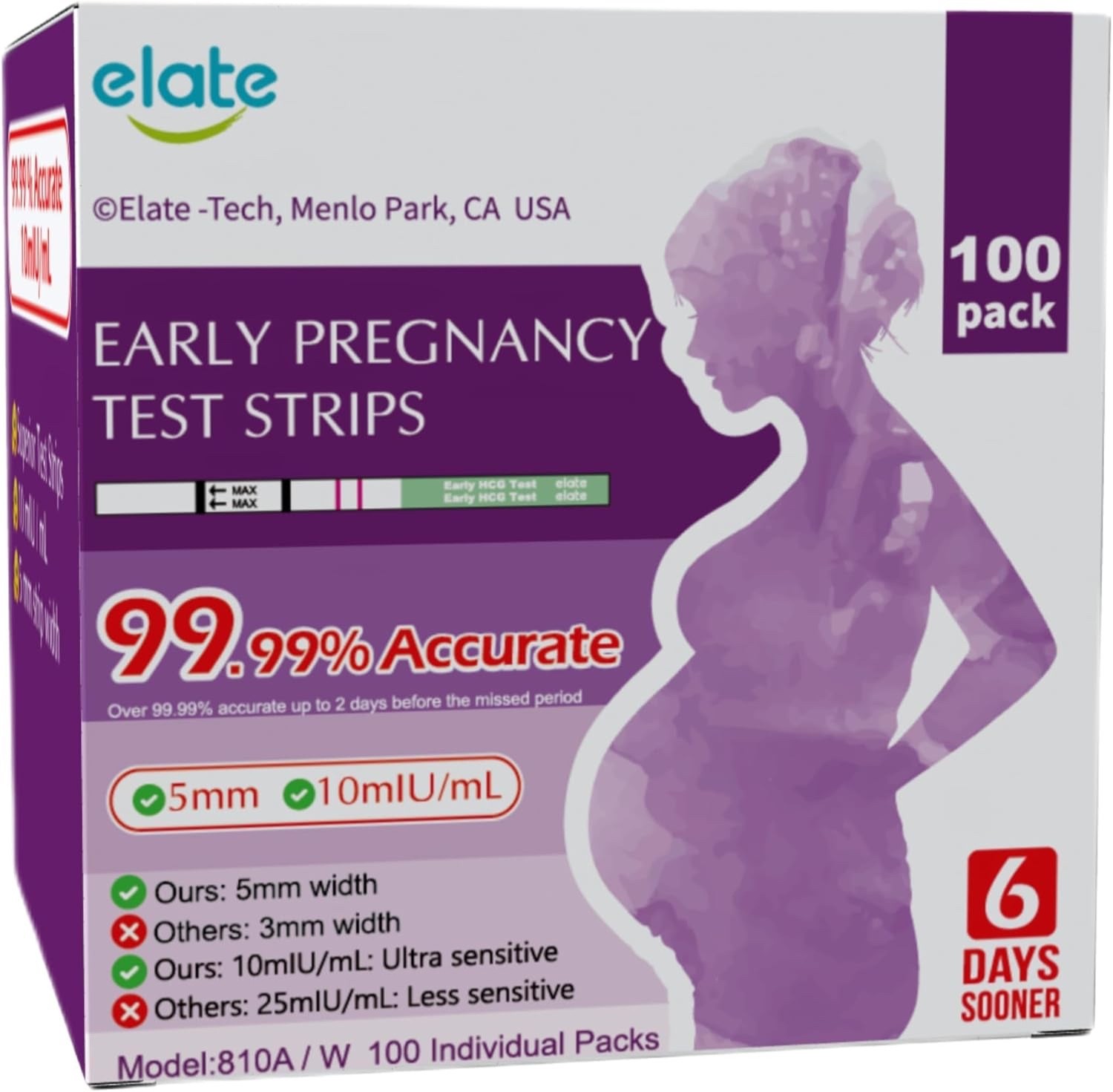 100 Strips Elate Sealed Early Pregnancy Test Strips Ultra-Sensitive 10 MIU/mL