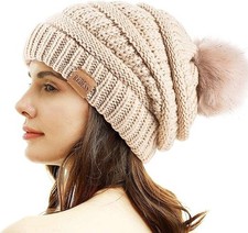 Women's Winter Pom-Pom Beanie Hat, Warm Fleece Lined, Khaki B One Size Fits All