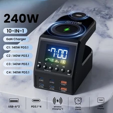 240W GaN USB Type C PD 140W Fast Charger Station Wireless Charger Time Display