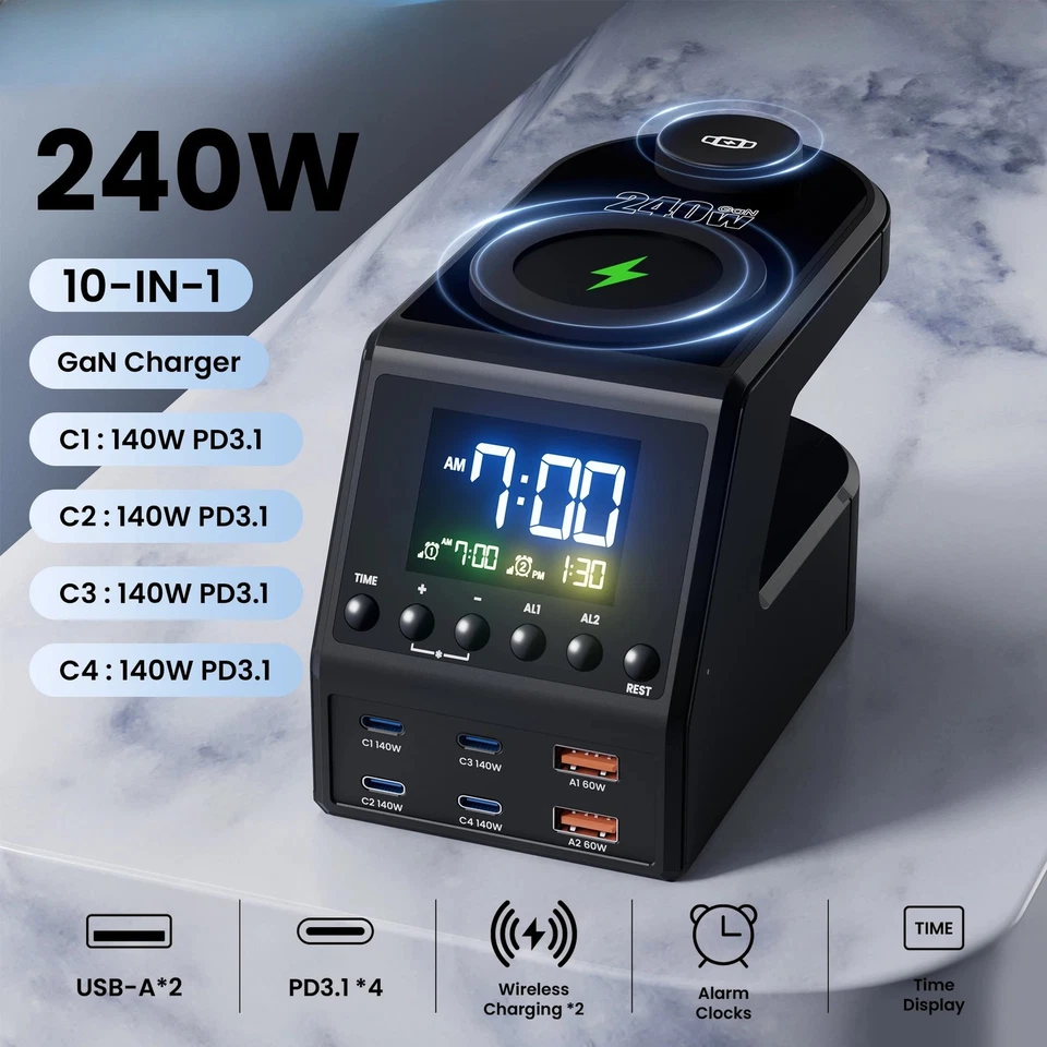 240W Multi USB Type C PD 140W Fast Charger Station Wireless Charger Time Display - Image 2 of 4