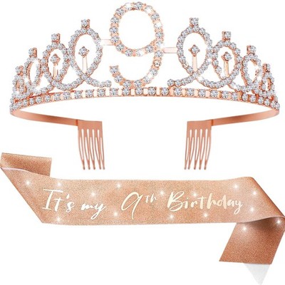Mädchen Schärpe Krone Geburtstag Partyzubehör Dekoration Tiara Rose Gold 9 Jahre