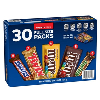 Mars Chocolate Candy Bars, Full Size, Variety Pack, 30 ct Twix, Snickers, M&Ms