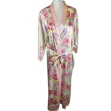 Oscar de la Renta Full Length Floral Silky Satin Robe Kimono Sleeves Size XL