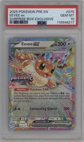 Eevee ex 75/131 Stamped Prismatic Evolutions Surprise Box Exclusive PSA 10