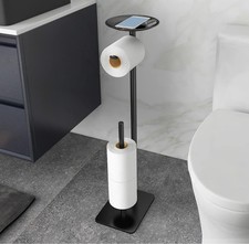 Toilet Paper Holder Stand Black Freestanding 4 Roll Storage w/ Phone Shelf