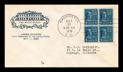 US COVER JAMES MONROE PRESIDENTIAL SERIES FDC SCOTT 810 BLOCK OF 4 HF CACHET