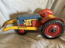 Vintage Tin Toy Tractor with Trailer Farm Vehicle Red Blue Yellow