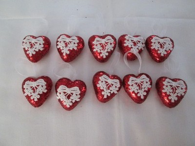 Pkg of 10- 1 1/2 inch Red Glitter & Lace Heart Valentines Day Ornaments, NEW