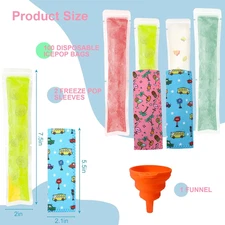 100 Disposable Ice Popsicle Bags with 2 Popsicle Sleeves, Neoprene Freezer Ic...
