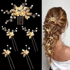 5pc Gold Leaf Pearl Flower Hair Pins Bridal Wedding Hair Clips for Bridesmaids