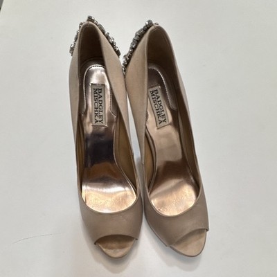 Badgley Mischka Beige Satin Peep Toe Stiletto Pumps Rhinestone 9.5M