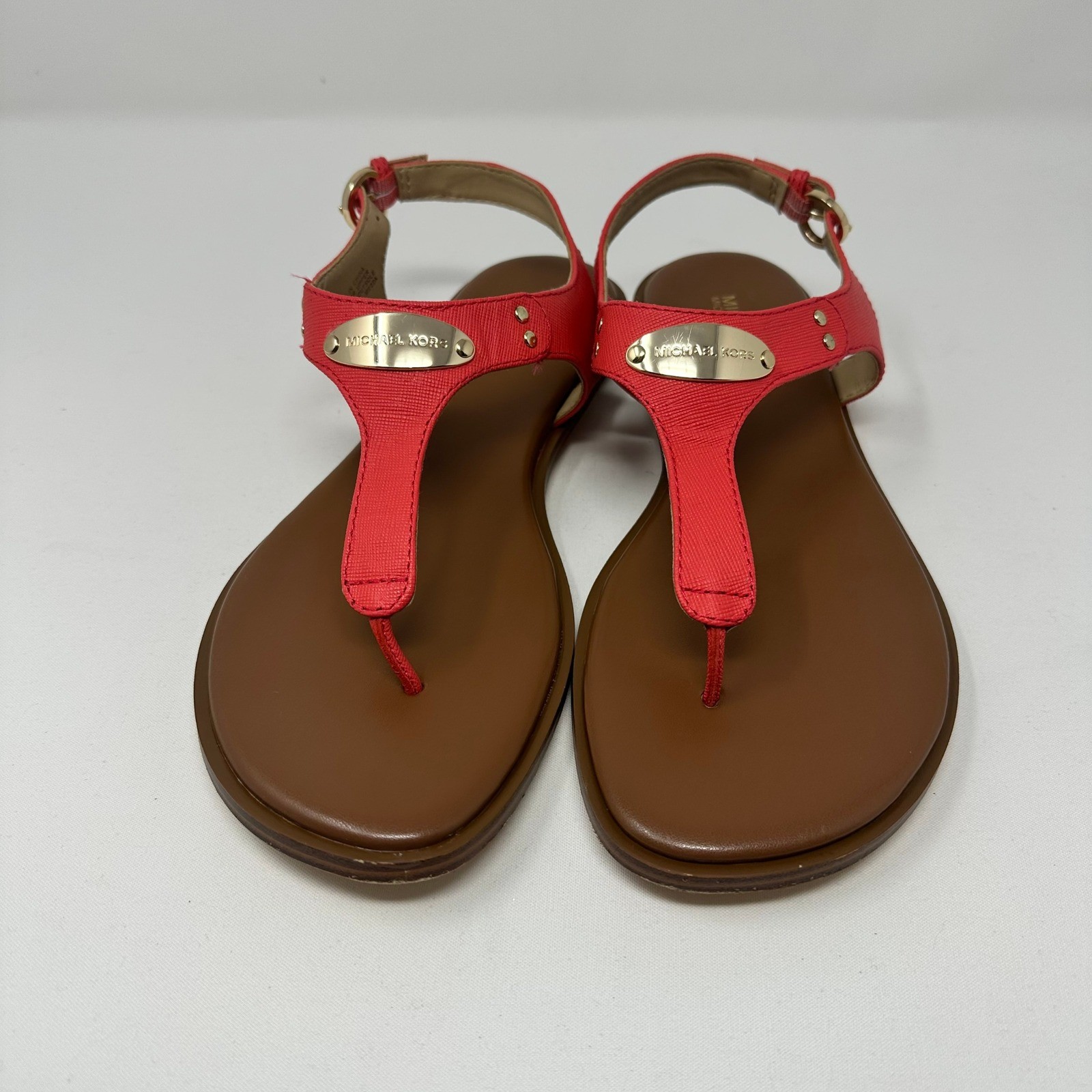 Michael Kors Women's Saffiano Leather Thong Sandals Gold Logo - Coral - Size 9M thumbnail 2