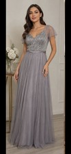 Ever-Pretty Gray Tulle Bridesmaid Dress Lace Bodice Cap Sleeves Floor-Length
