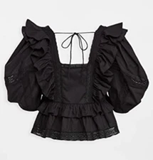 Rhode Charlotte Ruffled Cotton Poplin Puff Sleeve Crop Top in Ink Black Size XS